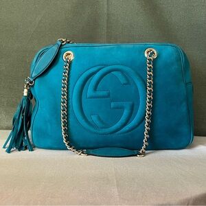 Gucci Nubuck Soho Chain Zip Shoulder Bag Turquoise